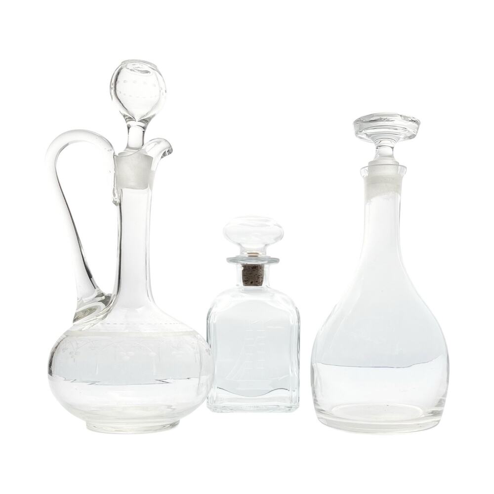 1960s Vintage Set of 3 Glass Etched Spirits Liquor Wine Decanters Set, Barware
